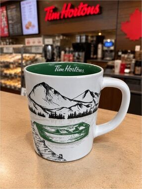 Tim Hortons Scenic Mountain Lake Ceramic Coffee Mug White Green Interior